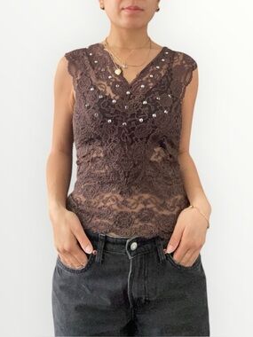 Vintage Chado Brown Lace Embellished V-Neck Sleeveless Camisole Top Size S